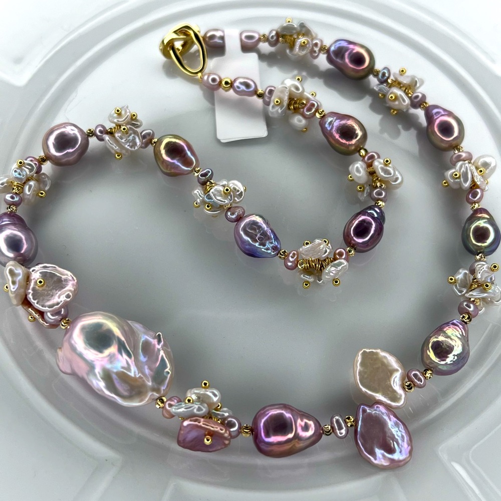 🤩🤩 Handmade Freshwater Fantasy Color Edison Flameball Pearl Gold Plated Necklace